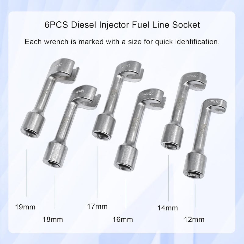Yuesstloo 1/2" Dr Injection Line Socket Wrench Set, 6pc 12pt Diesel Fuel Line Socket Set, L-Type Injection Line Socket with 12 14 16 17 18 19mm Wrenches, Fuel Line Dismantling Removal Tool - Image 2